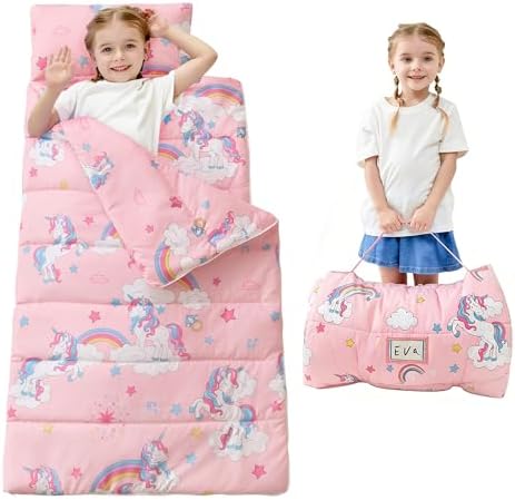 Toddler Nap Mat for Preschool 50''x30'' Sleeping Mat with Removable Pillow and Minky Blanket for Kids Ages 3-7 Roll Up Soft Sleeping Bag for Boys Girls Kindergarten Daycare Sleepover