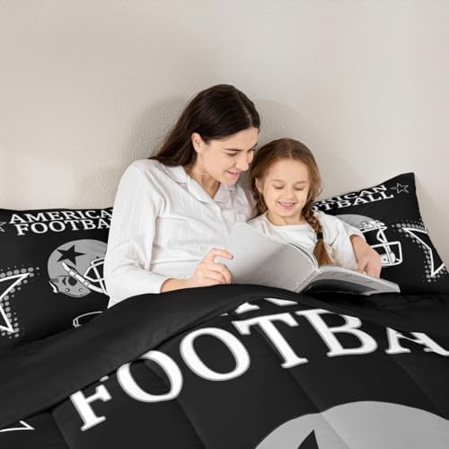 American Football Comforter Set King Size,Black Grey White Star Helmet Print Bedding Set for Kids Boys Teens Men Room Decor,Ball Sports Theme Quilt Set Modern Chic Duvet Insert,2 Pillowcases