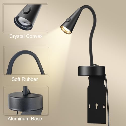 Headboard Reading Light, Black Bedside Lamp, No-Drill Book Light for Bedtime Reading, Dimmable LED, Flexible Gooseneck, 360°Adjustable, Plug-in Reading Lamp Movable-2 Pack