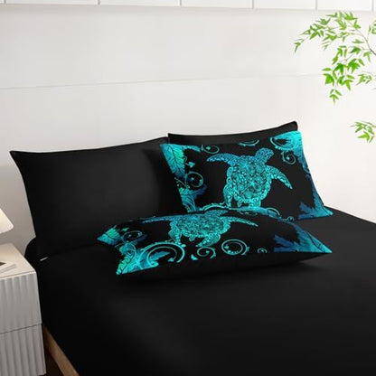 AILONEN Aqua Blue Black Turtle Comforter Set Queen,7-Piece Soft Bed in a Bag for Kids Teen,Ocean Shell Sea Turtle Comforter & Fitted Sheet with Flat Sheet & 2 Pillowcases,2 Pillow Shams for Bedroom