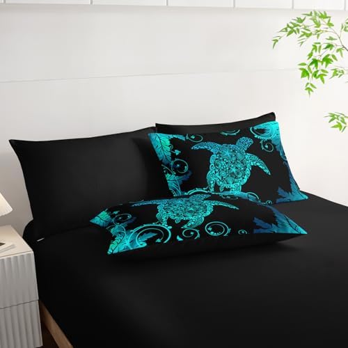 AILONEN Aqua Blue Black Turtle Comforter Set Full,7-Piece Soft Bed in a Bag for Kids Teen,Ocean Shell Sea Turtle Comforter & Fitted Sheet with Flat Sheet & 2 Pillowcases,2 Pillow Shams for Bedroom