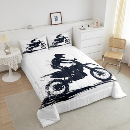 Feelyou Cool Motocross Comforter Set Toddler Size Dirt Bike Bedding Set Ultra Soft Motorcycle Racer Comforter for Kids Boys Girls Racing Motocross Rider Duvet Quilt Bedroom Decor Motorbike Quilt