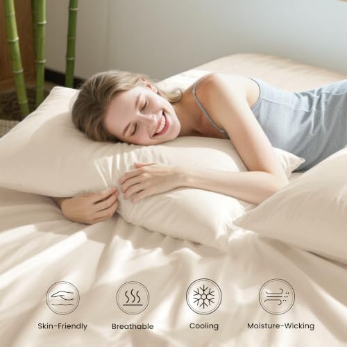Love's cabin 4 Piece King Size Sheet Set, 100% Rayon Derived from Bamboo, Cooling & Breathable, Soft Silky Deep Pocket up to 16", Hotel Luxury Bedding for Hot Sleepers, Beige