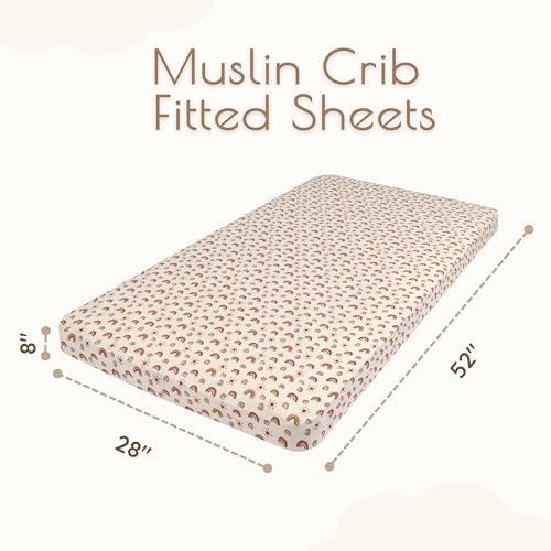 Muslin Cotton Crib Sheets for Boys and Girls, 2 Pack 52"x28" Fitted Baby Crib Sheet for Girl Boy, Soft Baby and Toddler Bed Sheets, Mattress Cover Muslin Cribs Sheet Set Nursery Gift Neutral Rainbow