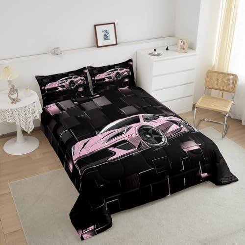 Erosebridal Girls Race Car Bedding Set Twin Size Pink Racing Car Comforter Set 2 Pieces Pink and Black Checkered Bedding Comforter Sets Abstract Down Comforter Room Home Decor