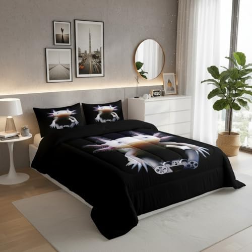 Castle Fairy Cute Axolotl Play Gamer Bed Comforter Set Queen Size,Axolotl Super Soft Microfiber Bedding Set for Girls Boys,Mexican Animal Decorative Quilter Set