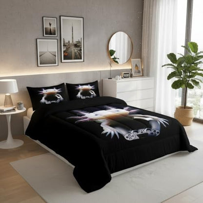 Castle Fairy Axolotl Boys Girls Comforter Set,Mexican Animal Duvet Set for Room Decor,Cute Axolotl Play Gamer Brushed Microfiber Soft Quilt Cover,Full