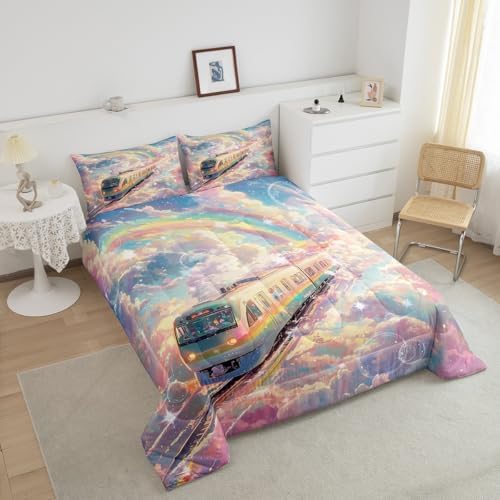 Homewish Rainbow Train Comforter Set Full Size,Colorful Cloud Sky Bedding Set 3Pcs for Kids Girls Boys Teens Room Decor,Rail Transit Vehicle Quilt Set Dreamy Fairy Tale Duvet Insert,2 Pillowcases
