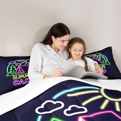 Summer Camping Camper Comforter Set King,Camping Adventure Bedding Set,Brick Wall Quilt Set 3 Pcs for Kids Teens Adults Room Decor,Neon Watercolor Rustic Duvet Insert with 2 Pillowcases