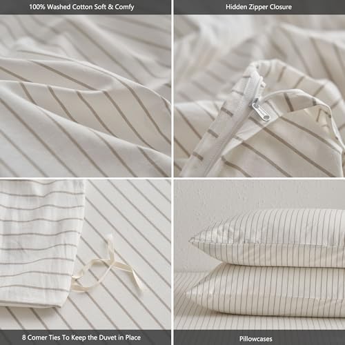 MooMee Striped Duvet Cover Set 100% Washed Cotton Linen Like Super Queen