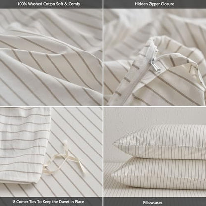 MooMee Striped Duvet Cover Set 100% Washed Cotton Linen Like Super Queen