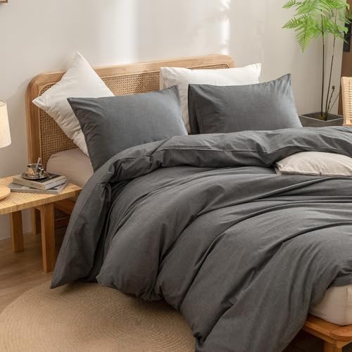 BESTOUCH Cotton Solid Duvet Cover Set Linen Feel Dark Grey Alaska King
