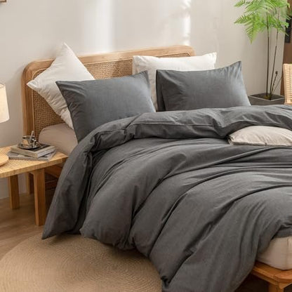 BESTOUCH Cotton Solid Duvet Cover Set Linen Feel Dark Grey Alaska King
