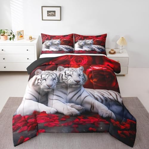 Tiger Red Rose Comforter Set, King Size, Red & Brown Floral Quilted Duvet Insert