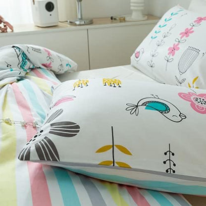 mixinni Girls Flower Leaves Pattern on White Duvet Cover Twin Size Colorful Striped Bedding Comforter Cover Set with Zipper Closure 4 Corner Ties for Teenage Girls (1 Duvet Cover + 2 Pillowcases)