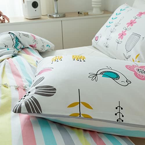 mixinni Flowers Duvet Cover for Teenage Girls Queen Size Floral Leaf Printed Soft Cotton Full Bedding Set Reversible Colorful Striped Pattern Girls Zipper Closure 4 Corner Ties for Women-Queen Size
