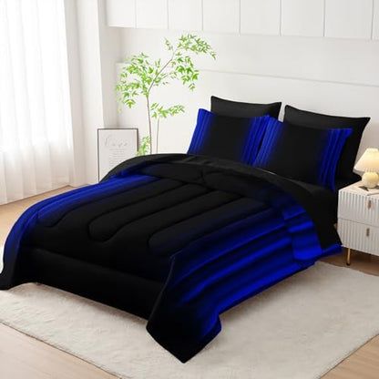 Nttopship Blue and Black Bedding Set King Size Abstract Ombre Comforter Set Bedding Set 7 Piece in A Bag,Dark Quilt Set Mordern Art Decor All Seasons with Pillowcases,Flat, Fitted Sheet