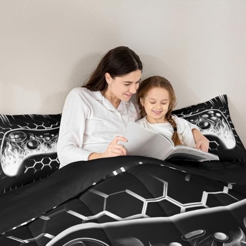 Erosebridal Ombre Art Honeycomb Gamer Comforter Sets for Boys Grey Neon Lights Game Console Toddler Bedding Sets for Boy Geometric Hexagon Beehive Duvet Insert Gaming Decor for Boys Bedroom Decor