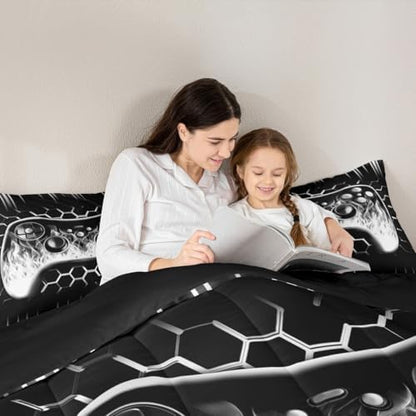 Erosebridal Ombre Art Honeycomb Gamer Comforter Sets for Boys Grey Neon Lights Game Console Toddler Bedding Sets for Boy Geometric Hexagon Beehive Duvet Insert Gaming Decor for Boys Bedroom Decor
