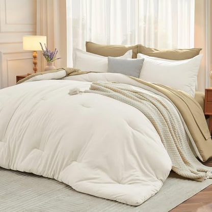 MUXHOMO 7 Pieces Oversized King Comforter Set, Soft Bed in a Bag Oversized King Size, All Season Bedding Set with Comforter, Flat Sheet, Fitted Sheet, Pillowcases & Shams, Ivory & Khaki