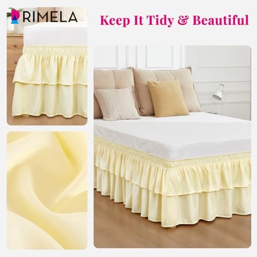 RIMELA Ruffle Bed Skirt Butter Yellow King 18 Inch Drop, Elastic Wrap Around Bed Skirts King Size, Easy to Install Dust Ruffle, Machine Washable Soft Fabric, Multi Ruffle Bedskirt