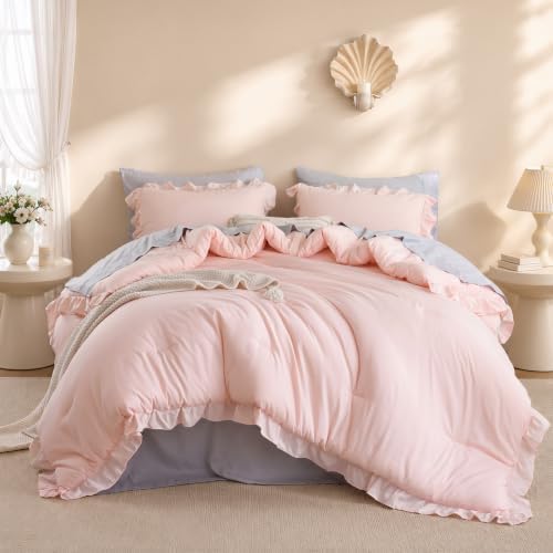 JANZAA Blush Pink Comforter Set Oversized King, Ruffle Soft Bedding