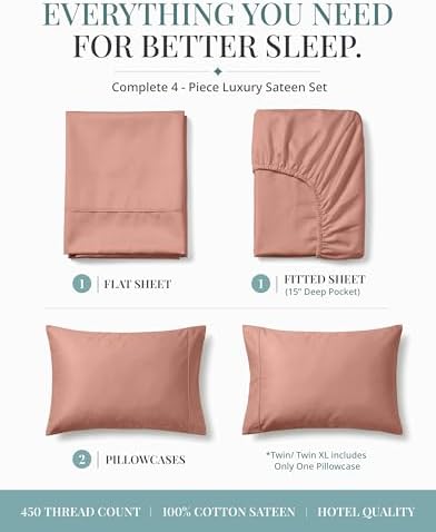450TC 100% Cotton Bedsheets Queen Size Bed - Soft Sateen Weave, Rose Dawn