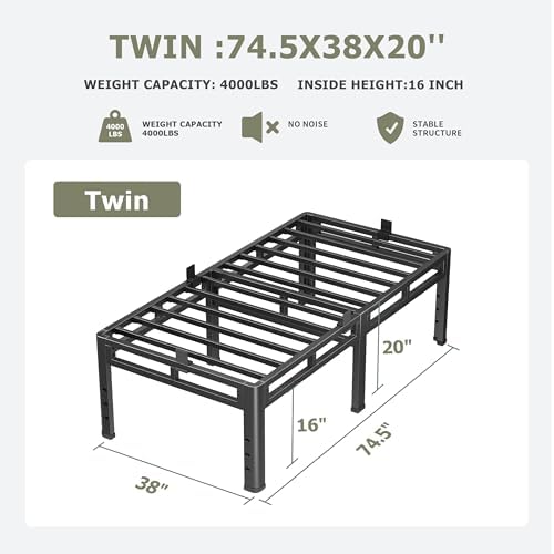 NKZ 2-in-1 Twin Size Metal Platform Bed Frame, 20 Inch Heavy Duty Bed Base