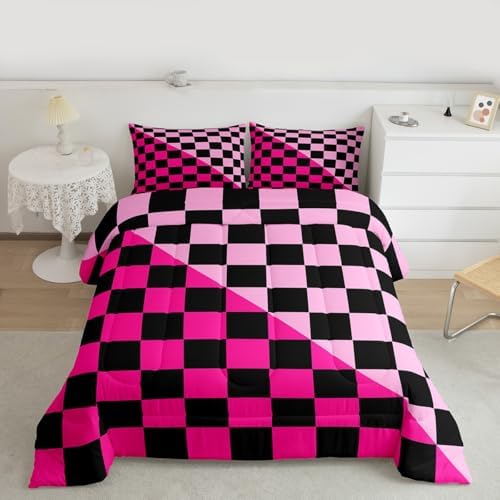 Checkered Retro Comforter Set All Season Modern Geometric Cute Bedding Set with 1 Pillow Cases Rose Pink Light Pink Kids Toddler Bedclothes Vintage Simple Groovy Aesthetic Bedroom Decor Duvet Quilt
