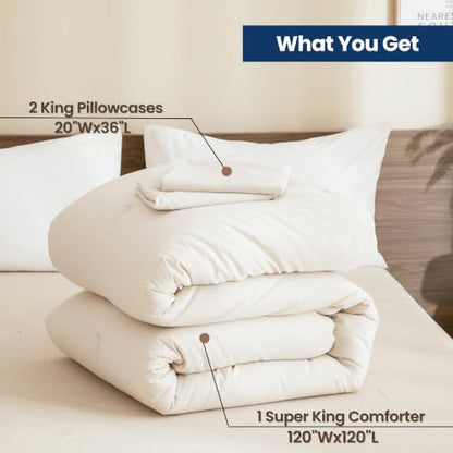Paxrac Beige Super King Comforter Set 120x120In, 3 Pieces Oversized King Comforter Set, Lightweight Solid Bedding Set, All Seasons Soft Fluffy Bed Set (1 Comforter & 2 Pillowcases)