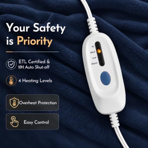 Electric Heated Blanket 62"x84" Twin Size, Navy Blue