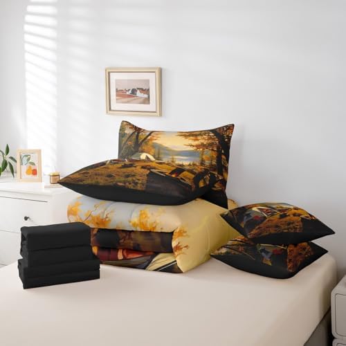 Erosebridal Rv Camper Camp Bed in A Bag with Sheets Full Happy Camping 7 Piece Comforter Set Autumn Maple Leaves Bedding Set for Women Men Adults,Bonfire Camping Bedding Comforter Sets