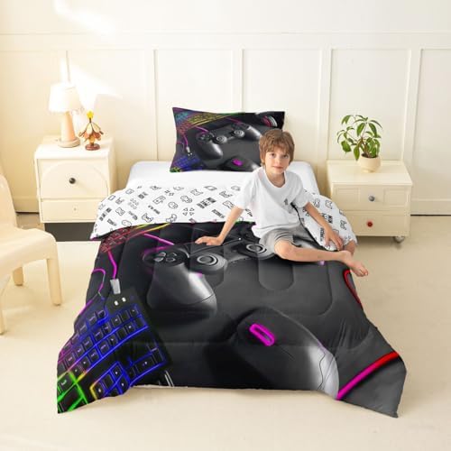 Feelyou Gamer Bedding Set Soft for Boys Girls, Gaming Comforter Set Toddler Size Game Room Decor Duvet Quilt Microfiber Gamepad Bedroom Decor Purple Yellow 2 Pcs with 1 Pillow Cases