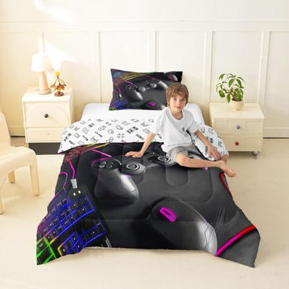 Feelyou Gamer Bedding Set Soft for Boys Girls, Gaming Comforter Set Toddler Size Game Room Decor Duvet Quilt Microfiber Gamepad Bedroom Decor Purple Yellow 2 Pcs with 1 Pillow Cases