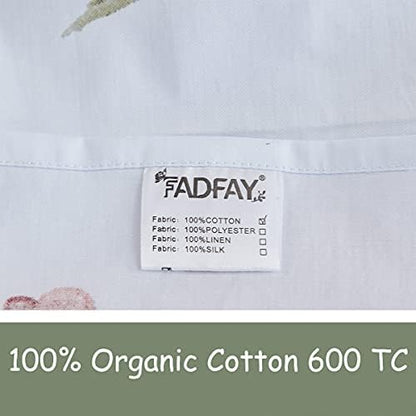 FADFAY Floral Leaves Sheet Set Full, Premium 100% Cotton 600 TC Green Leaf & Teal Flower Watercolor Farmhouse Bedding, Super Soft Breathable Deep Pocket Bed Sheets Set, 4-Piece Full Size