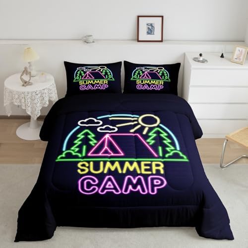 Summer Camping Camper Comforter Set Twin,Mountain Camping Adventure Bedding Set,Brick Wall Quilt Set 2Pcs for Kids Teens Adults Room Decor,Neon Watercolor Rustic Duvet Insert with 1 Pillowcase
