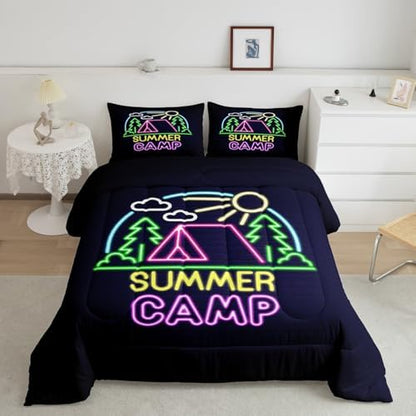 Summer Camping Camper Comforter Set Twin,Mountain Camping Adventure Bedding Set,Brick Wall Quilt Set 2Pcs for Kids Teens Adults Room Decor,Neon Watercolor Rustic Duvet Insert with 1 Pillowcase
