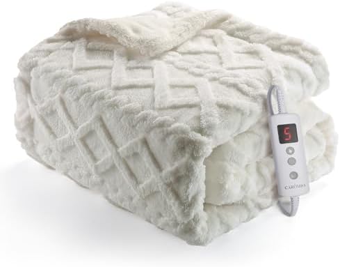 CAROMIO Heated Throw Blanket - Thick Tufted Sherpa Electric Blanket Throw with 10 Heating Levels and 10 Time Settings, ETL Certified Machine Washable Fast Heating Blanket Throw 50"×60", Off White