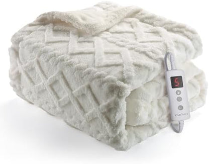 CAROMIO Heated Throw Blanket - Thick Tufted Sherpa Electric Blanket Throw with 10 Heating Levels and 10 Time Settings, ETL Certified Machine Washable Fast Heating Blanket Throw 50"×60", Off White