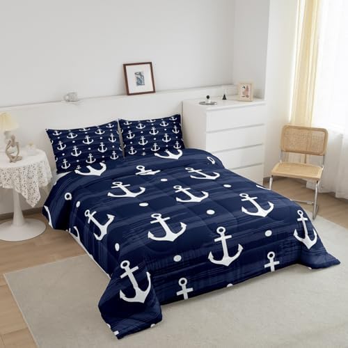Manfei Anchor Comforter Set Full Size, Nautical Theme Down Comforter with 2 Pillowcases, Rustic Farmhouse Navy Blue Bedding Set 3pcs for Kids Boys Teens Bedroom Decor Lightweight Duvet Insert