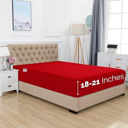 Elegant Comfort 1500 Premium Hotel Quality 18-21 Inches Deep - Extra Deep Pocket Single Fitted Sheet for High Mattress, Luxury and Softest, Smart Pocket - Wrinkle Free, Queen, Red