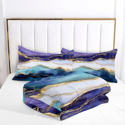 CCoutueChen Marble Comforter Set Queen Size Blue Purple Watercolor Marble Bedding Set 3 Pieces Modern Aesthetic Bedding Women Men Soft Lightweight Comforter for All Season,2 Pillowcases