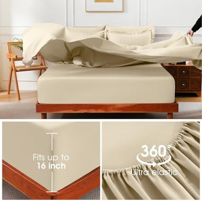 FreshCulture Comforter Set Seersucker 5 Pieces, All Season Bedding Set Twin XL, Bed in a Bag Comforter Set with Comforter, Flat Sheet, Fitted Sheet, Pillowcase and Pillow Sham, Beige