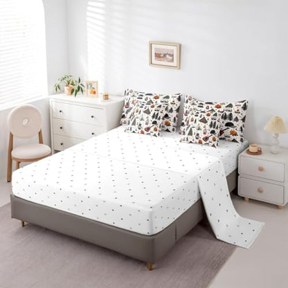 Erosebridal Kids Camper Theme Full Bedding Set 7 Piece Happy Camping Equipment Bed in A Bag with Sheets Botanical Trees Mountain Adventure Comforter Set for Boys Girls Teens,Cute Camper Bed Sets