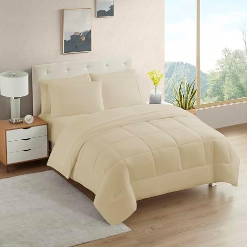 RV Short Queen Comforter Set for RV Camper - Comforter Set with Fitted & Flat Sheet, 4 Pillowcases - Tailored for RV Short Queen Beds - Cozy Essentials for Your RV Bedroom, Beige