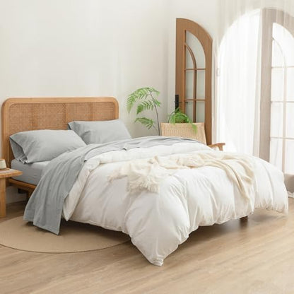 BESTOUCH Queen Washed Cotton Linen Feel Sheets 4 Pcs Northern Droplet Grey