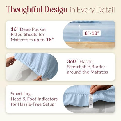 Mayfair Linen Egyptian Cotton Queen Sheets Set - Luxury 800 Series High Thread Count Queen Bed Sheet Set (4 PC, Light Blue - Stripe), Soft Cooling Hotel Quality Bed Sheet Set - Tranquil Collection