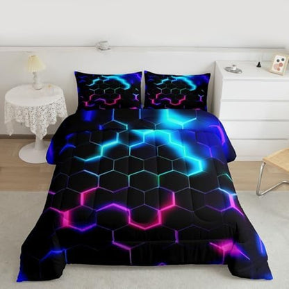Castle Fairy 3D Honeycomb Comforter Set Queen Size,Hexagon Theme Quilt Set Pink Blue Neon Lights Bedding Set 3pcs,Kids Boys Teen Man Chic Creative Home Duvet Insert with 2 Pillowcases,Black