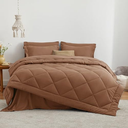 Love's cabin Full Comforter Set Mocha Mousse, 7 Pieces Full Bed in a Bag, All Season Bedding Sets with 1 Comforter, 1 Flat Sheet, 1 Fitted Sheet, 2 Pillowcase and 2 Pillow Sham