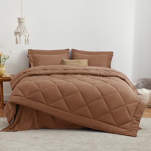 Love's cabin King Size Comforter Set Mocha Mousse, 7 Pieces King Bed in a Bag, All Season Bedding Sets with 1 Comforter, 1 Flat Sheet, 1 Fitted Sheet, 2 Pillowcase and 2 Pillow Sham